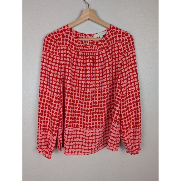 LOFT Blouse M Petite Red Pink Heart Print Long Sleeve Peasant Top Valentine's Mb - Picture 1 of 7